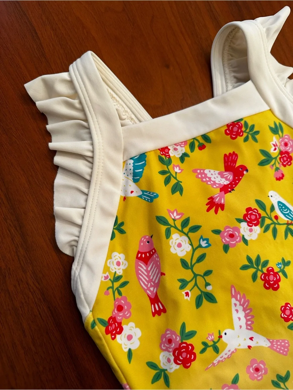 Mini Boden Yellow Floral & Bird One Piece Swimsuit with White Ruffle Straps